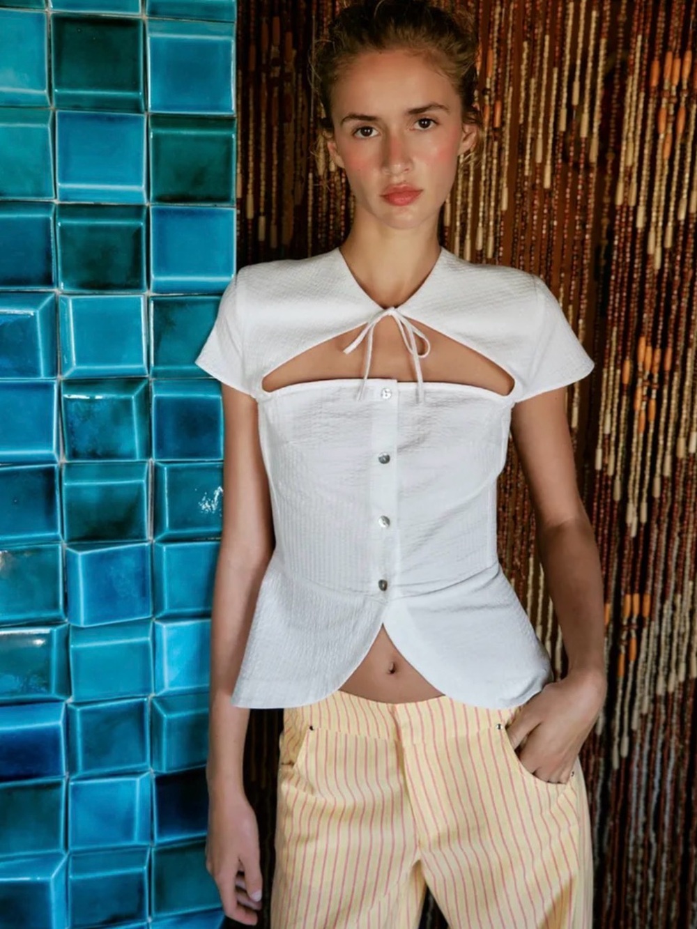 🔮 NWT Zara 100% Cotton White Cutout Tie-Front Short Sleeve Top